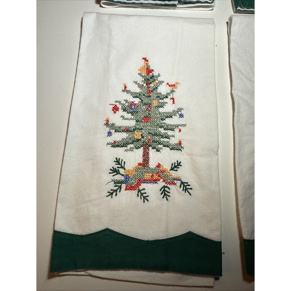 Vintage Christmas Tree Tea Towels Lillian Vernon Hand Cross Stitched Set of 4 - Picture 2 of 4